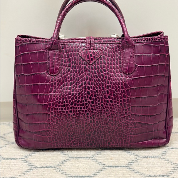 LONGCHAMP Chic Elegant Coquette Roseau Croc-Embossed Purple Leather Tote Bag - Picture 2 of 16